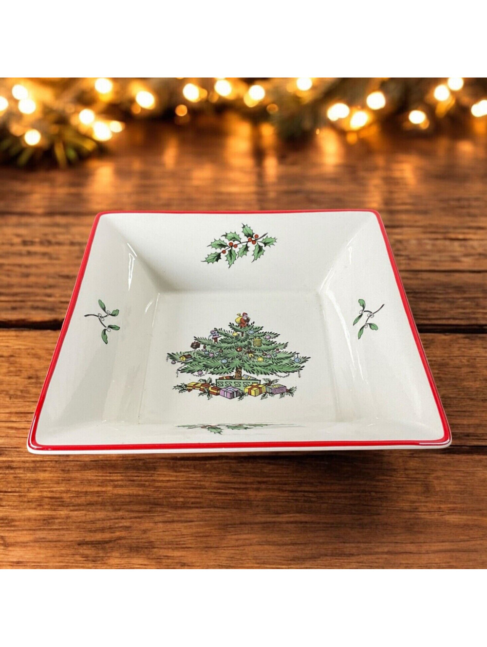 Spode Christmas Tree Red Trim 6" Square Tray Trinket Candy Nuts Dish England